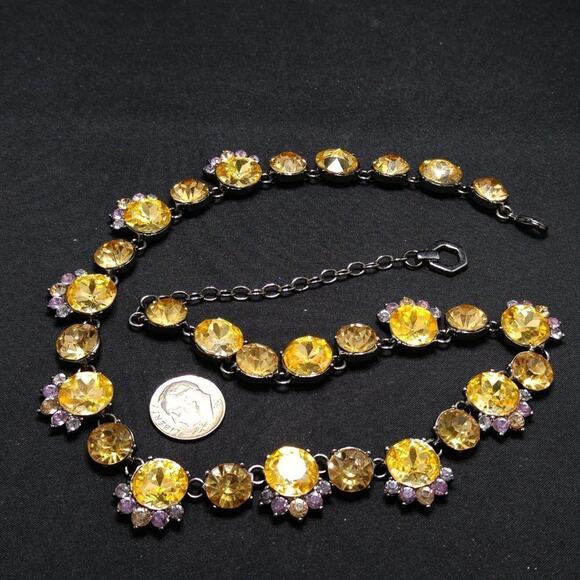 Vintage Yellow Gold Rhinestone Necklace, Lavender Rhinestones, Gunmetal, 20 In - Picture 7 of 9